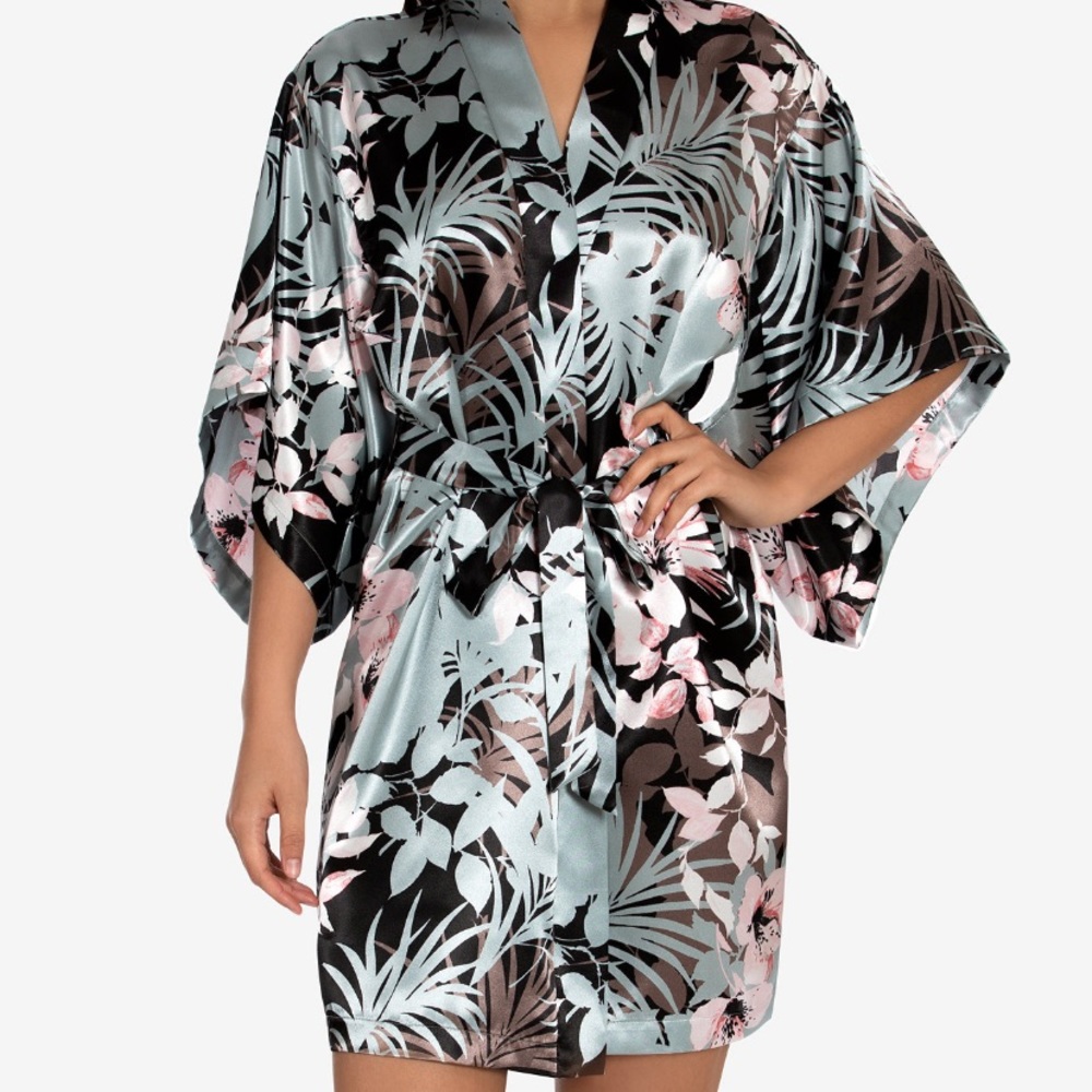Linea Donatella Satin Wrap Robe L/XL Elegant Palm Print NWT